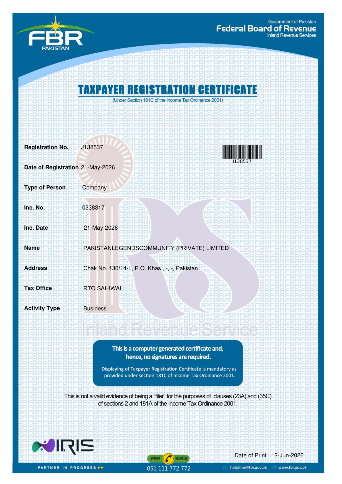 Company FBR Registration Certificate