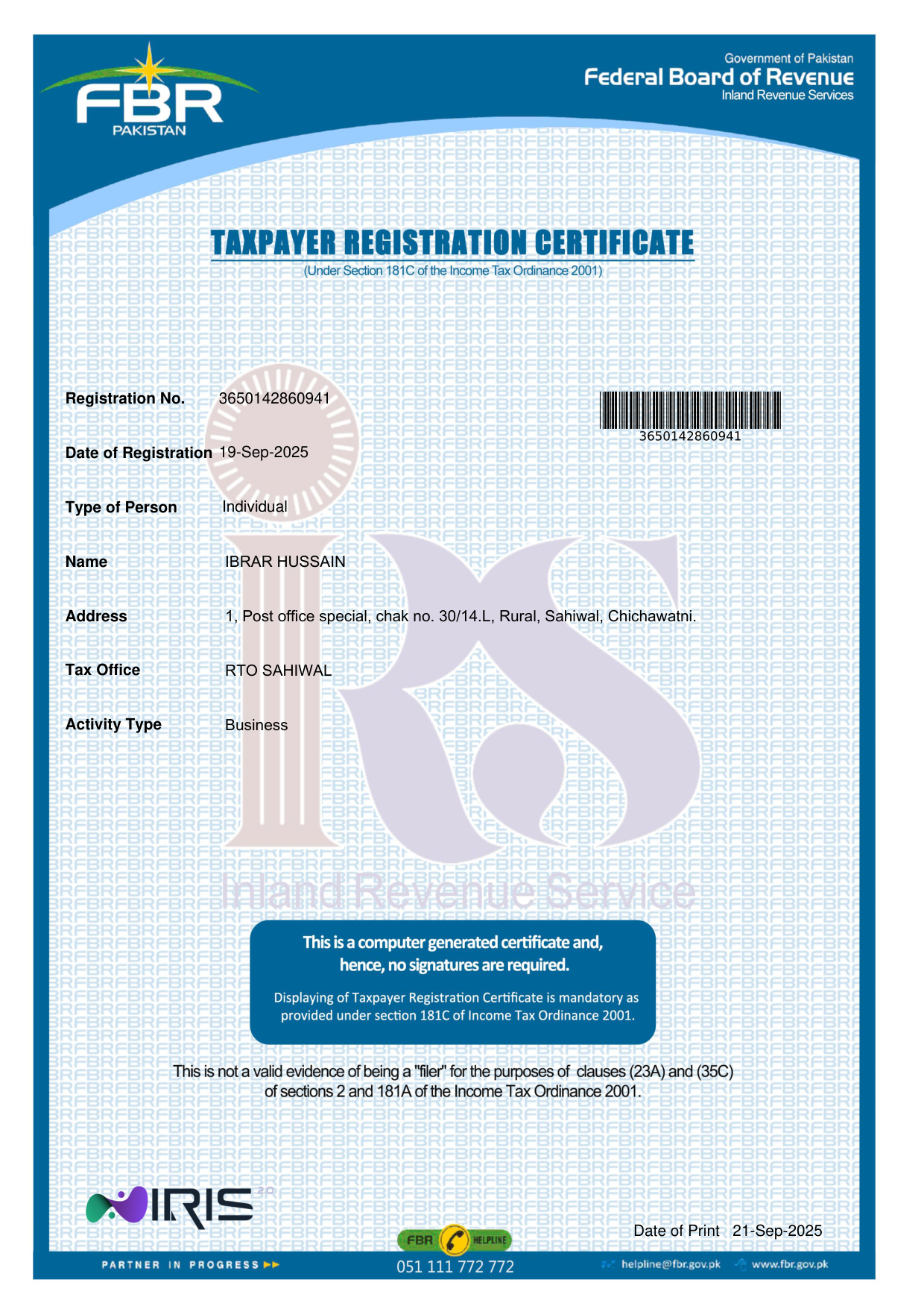 Ibrar Khan FBR Registration Certificate