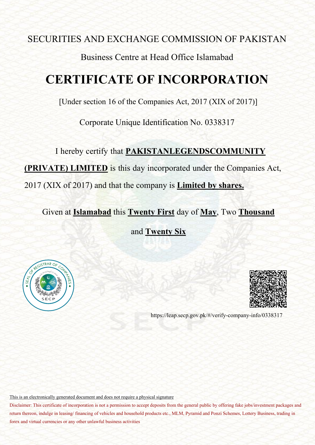 Company SECP Registration Certificate